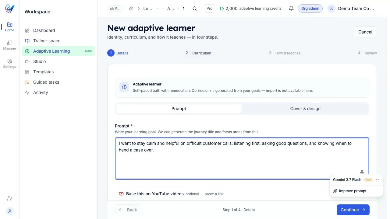 The New adaptive learner screen with a learning goal being typed into the prompt box.