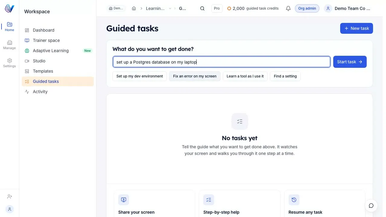 The Guided tasks screen: typing what to get done, with common requests below.